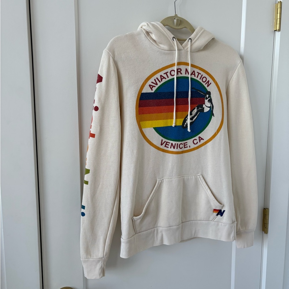 Aviator Nation Cream Hoodie with Rainbow Logo